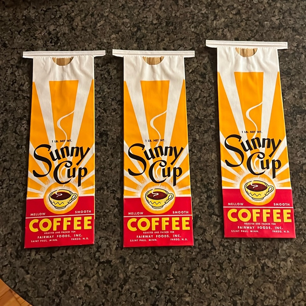 EVC EUC set/3 vintage sunny cup coffee bags St. Paul Fargo wax lined yellow